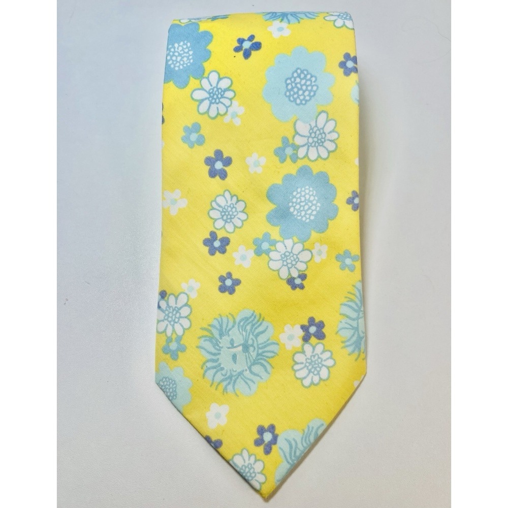 Vtg Lilly Pulitzer Floral Neck Tie Yellow Blue Lion Face 100% Cotton Cuba Libre